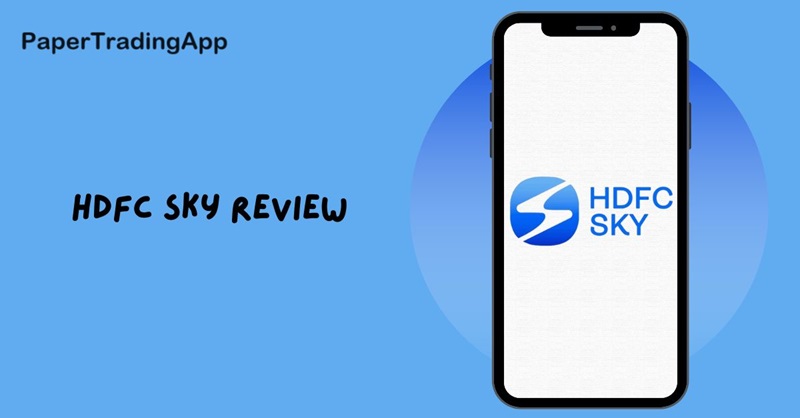 Smartphone displaying the HDFC Sky app logo with the text 'HDFC Sky Review' on a blue background - PaperTradingApp