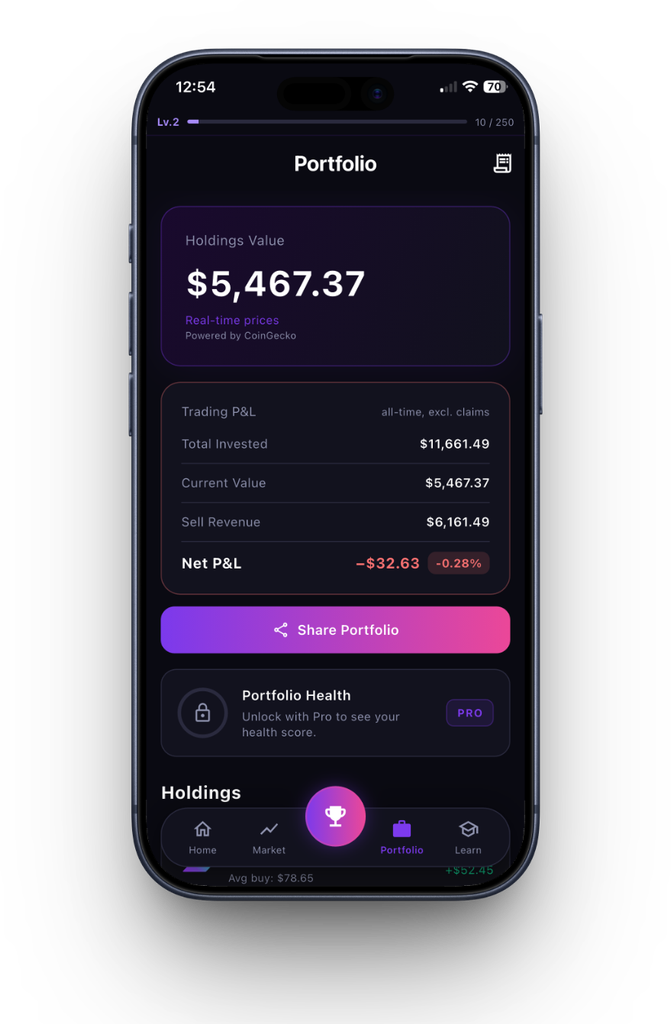 Staxo Review 2026: Learning Crypto Trading With Fake Money and Real Prices 2 staxo-screenshot-2-portfolio